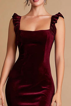 Burgundy Satin Ruffled Midi Mermaid Semi-Formal Dress