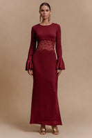 Load image into Gallery viewer, Burgundy Jewel Neck Satin Long Sleeves Formal Dress with Lace