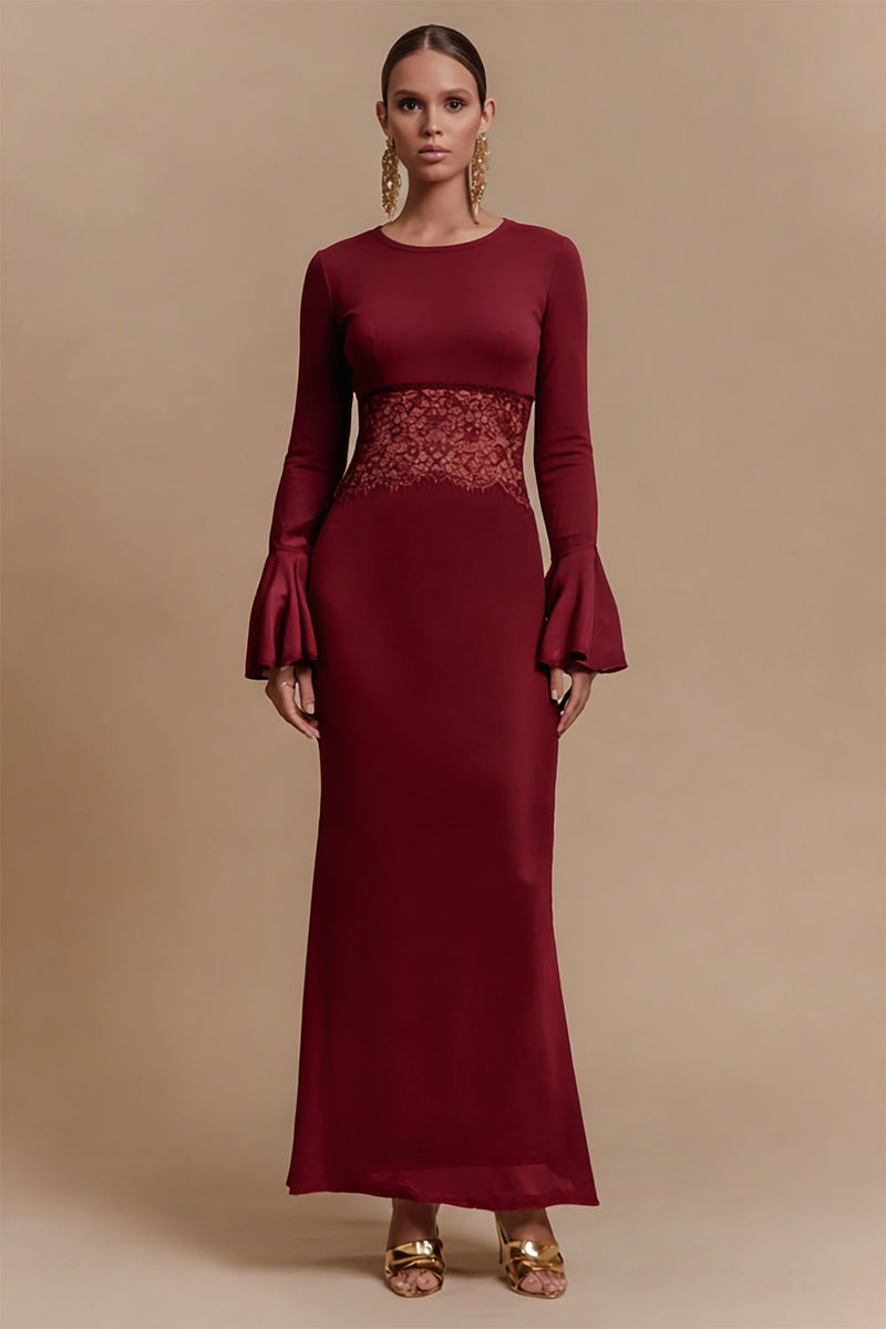 Load image into Gallery viewer, Burgundy Jewel Neck Satin Long Sleeves Formal Dress with Lace