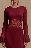 Load image into Gallery viewer, Burgundy Jewel Neck Satin Long Sleeves Formal Dress with Lace