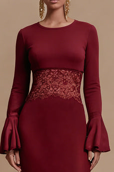 Burgundy Jewel Neck Satin Long Sleeves Formal Dress with Lace