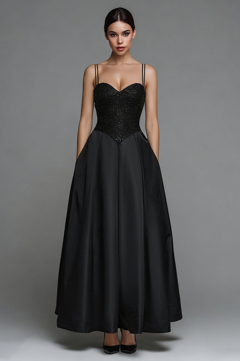 Load image into Gallery viewer, Sparkly Black Spaghetti Straps Long Satin Formal Dress with Sequins
