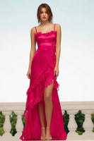 Load image into Gallery viewer, Fuchsia Spaghetti Straps Satin Long Formal Dress with Ruffles