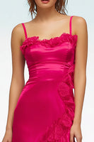 Load image into Gallery viewer, Fuchsia Spaghetti Straps Satin Long Formal Dress with Ruffles