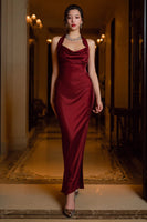 Load image into Gallery viewer, Dark Green Halter Neck Satin Sheath Long Formal Dress