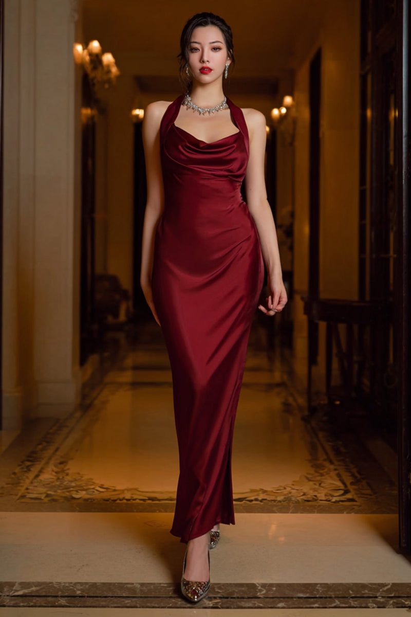 Load image into Gallery viewer, Dark Green Halter Neck Satin Sheath Long Formal Dress