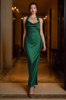 Load image into Gallery viewer, Dark Green Halter Neck Satin Sheath Long Formal Dress