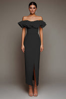 Load image into Gallery viewer, Black Off the Shoulder Sheath Long Satin Formal Dress with Slit