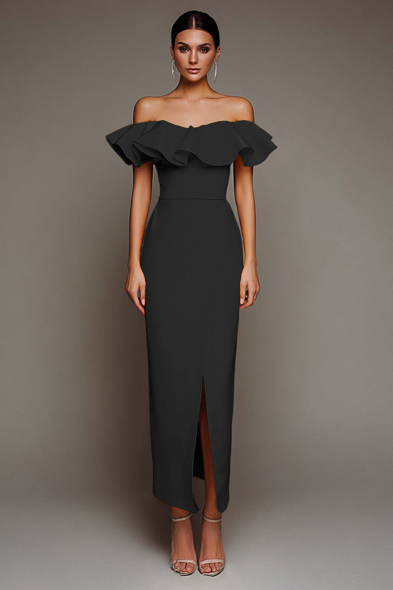Load image into Gallery viewer, Black Off the Shoulder Sheath Long Satin Formal Dress with Slit