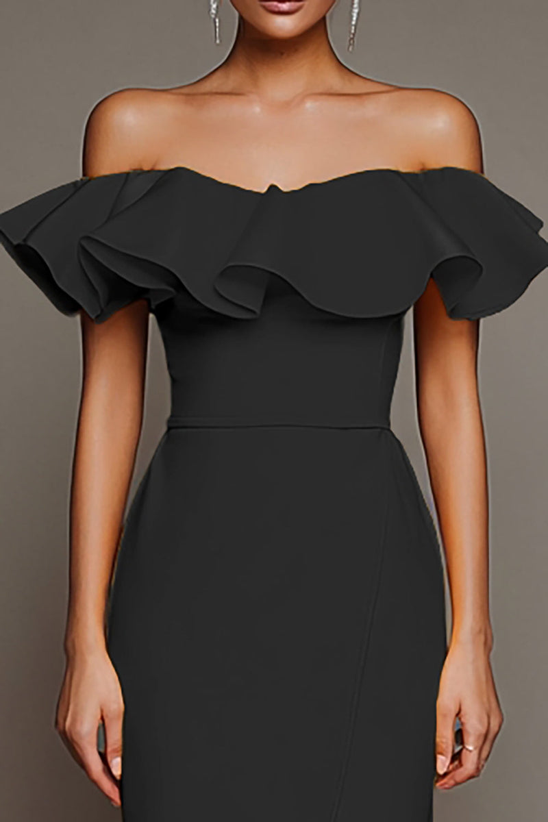Load image into Gallery viewer, Black Off the Shoulder Sheath Long Satin Formal Dress with Slit