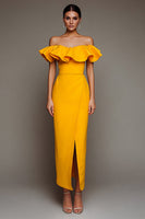 Load image into Gallery viewer, Black Off the Shoulder Sheath Long Satin Formal Dress with Slit