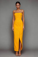 Load image into Gallery viewer, Yellow Strapless Sheath Long Satin Formal Dress with Slit