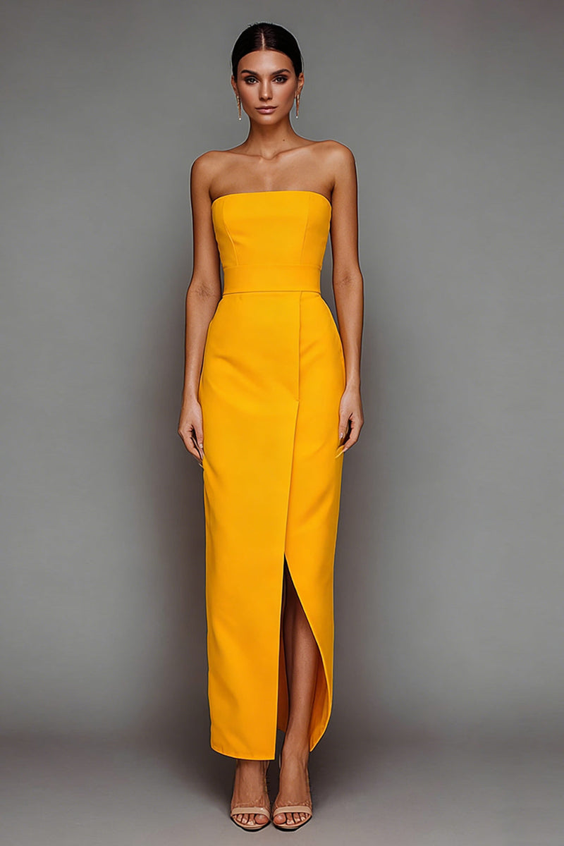 Load image into Gallery viewer, Yellow Strapless Sheath Long Satin Formal Dress with Slit