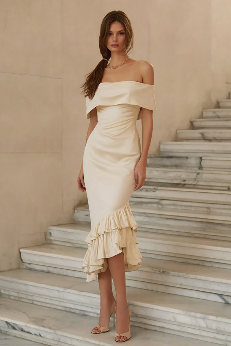 Load image into Gallery viewer, Ivory Mermaid Satin Ruffled Midi Engagement Dress