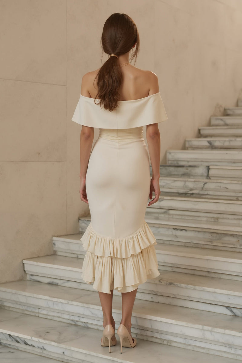 Load image into Gallery viewer, Ivory Mermaid Satin Ruffled Midi Engagement Dress