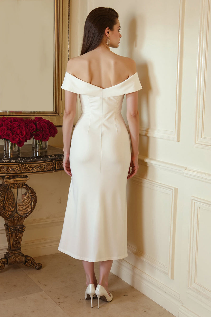 Load image into Gallery viewer, Ivory Bodycon Off the Shoulder Satin Midi Engagement Dress with Slit