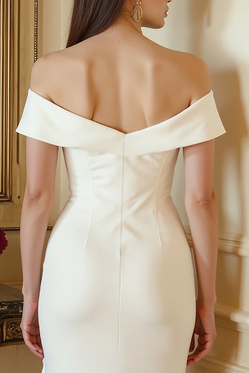 Load image into Gallery viewer, Ivory Bodycon Off the Shoulder Satin Midi Engagement Dress with Slit