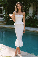 Load image into Gallery viewer, White Satin Spaghetti Straps Mermaid Midi Engagement Dress with Ruffles