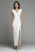 Load image into Gallery viewer, White Satin V-Neck Sheath Long Wedding Reception Dress with Slit