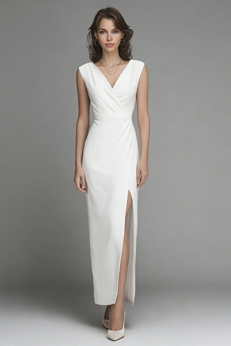 Load image into Gallery viewer, White Satin V-Neck Sheath Long Wedding Reception Dress with Slit
