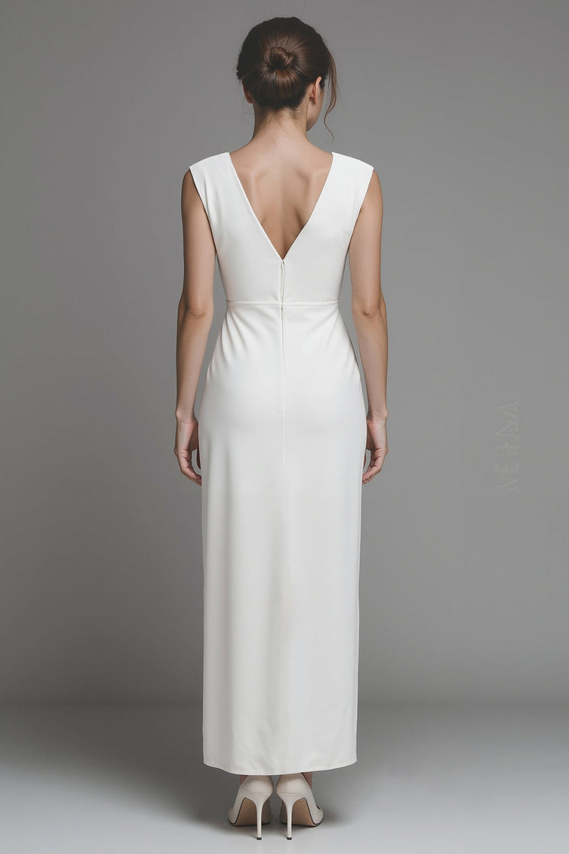 Load image into Gallery viewer, White Satin V-Neck Sheath Long Wedding Reception Dress with Slit