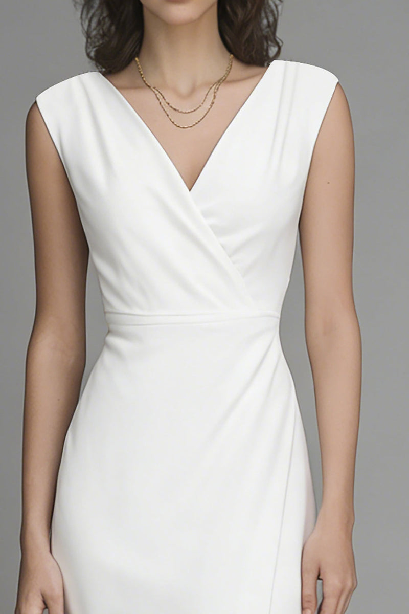 Load image into Gallery viewer, White Satin V-Neck Sheath Long Wedding Reception Dress with Slit