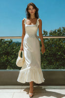 Load image into Gallery viewer, Ivory Square Neck Satin Long Wedding Reception Dress with Ruffles