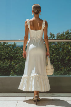Ivory Square Neck Satin Long Wedding Reception Dress with Ruffles