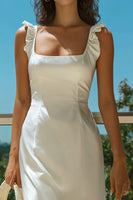 Load image into Gallery viewer, Ivory Square Neck Satin Long Wedding Reception Dress with Ruffles