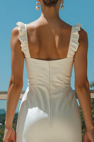 Load image into Gallery viewer, Ivory Square Neck Satin Long Wedding Reception Dress with Ruffles