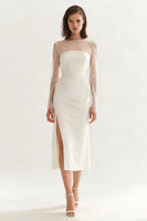 Load image into Gallery viewer, Ivory Bateau Neck Satin Midi Engagement Dress with Slit
