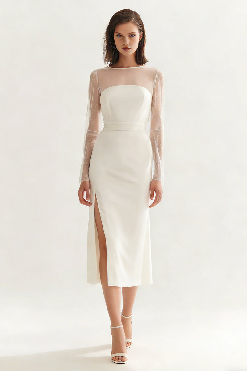 Load image into Gallery viewer, Ivory Bateau Neck Satin Midi Engagement Dress with Slit