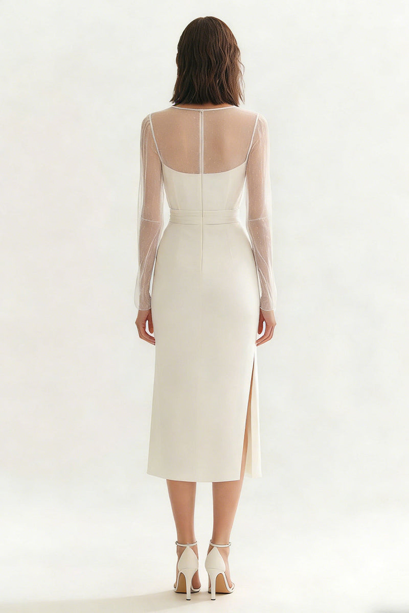 Load image into Gallery viewer, Ivory Bateau Neck Satin Midi Engagement Dress with Slit