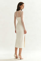Load image into Gallery viewer, Ivory Bateau Neck Satin Midi Engagement Dress with Slit