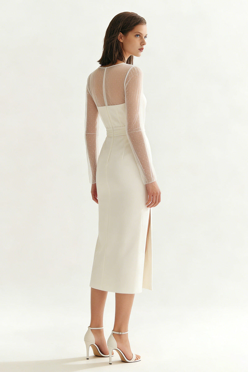 Load image into Gallery viewer, Ivory Bateau Neck Satin Midi Engagement Dress with Slit