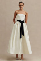 Load image into Gallery viewer, Ivory A Line Satin Long Strapless Engagement Dress with Bow