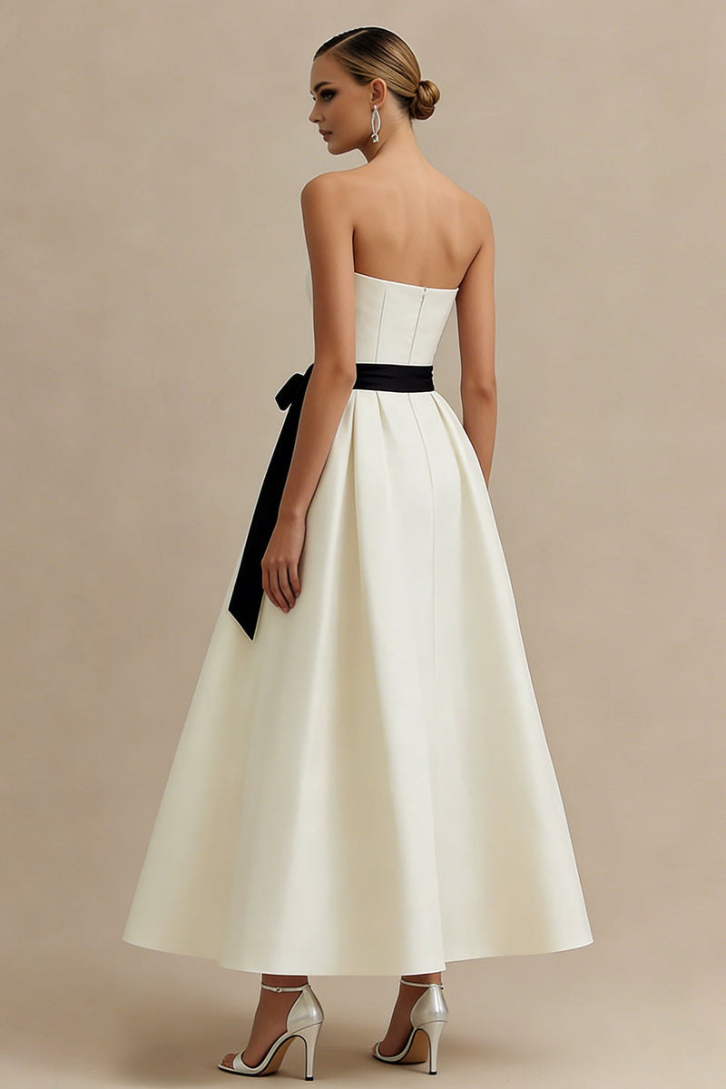 Load image into Gallery viewer, Ivory A Line Satin Long Strapless Engagement Dress with Bow