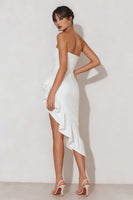 Load image into Gallery viewer, Strapless White Asymmetrical Ruffled Bachelorette Dress