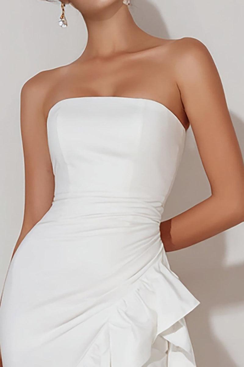Load image into Gallery viewer, Strapless White Asymmetrical Ruffled Bachelorette Dress