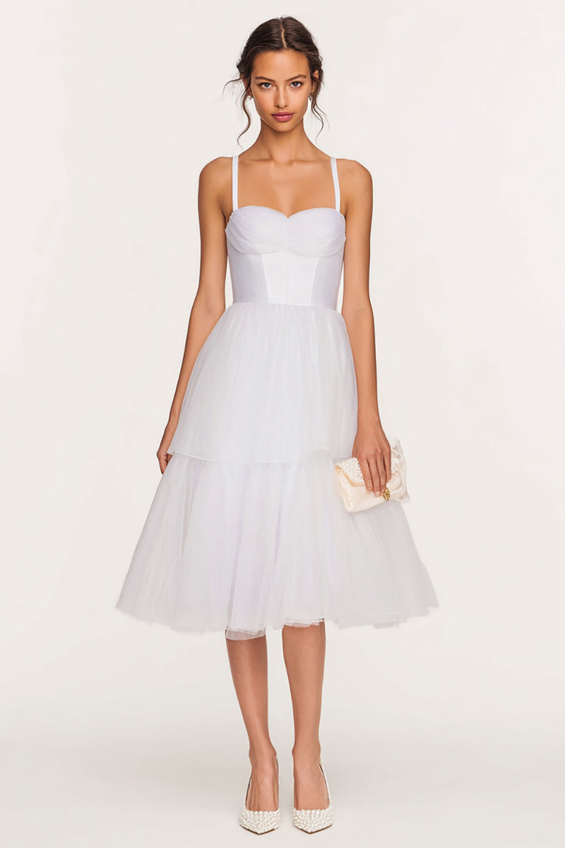 Load image into Gallery viewer, White Spaghetti Straps Tulle Midi Corset Bridal Shower Dress