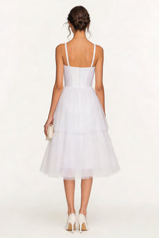 White Spaghetti Straps Tulle Midi Corset Bridal Shower Dress