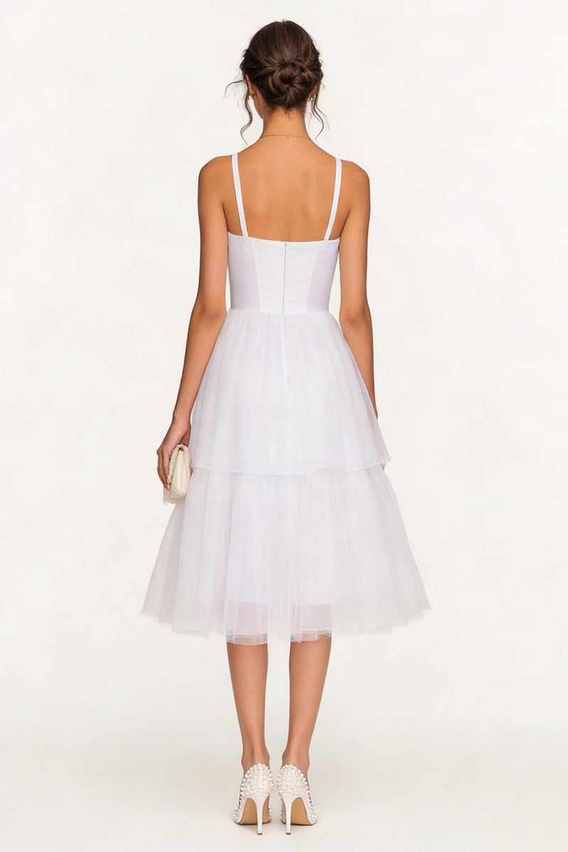 Load image into Gallery viewer, White Spaghetti Straps Tulle Midi Corset Bridal Shower Dress
