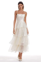 Load image into Gallery viewer, Organza Ivory Spaghetti Straps Ruffled Long Engagement Dress