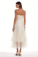 Load image into Gallery viewer, Organza Ivory Spaghetti Straps Ruffled Long Engagement Dress