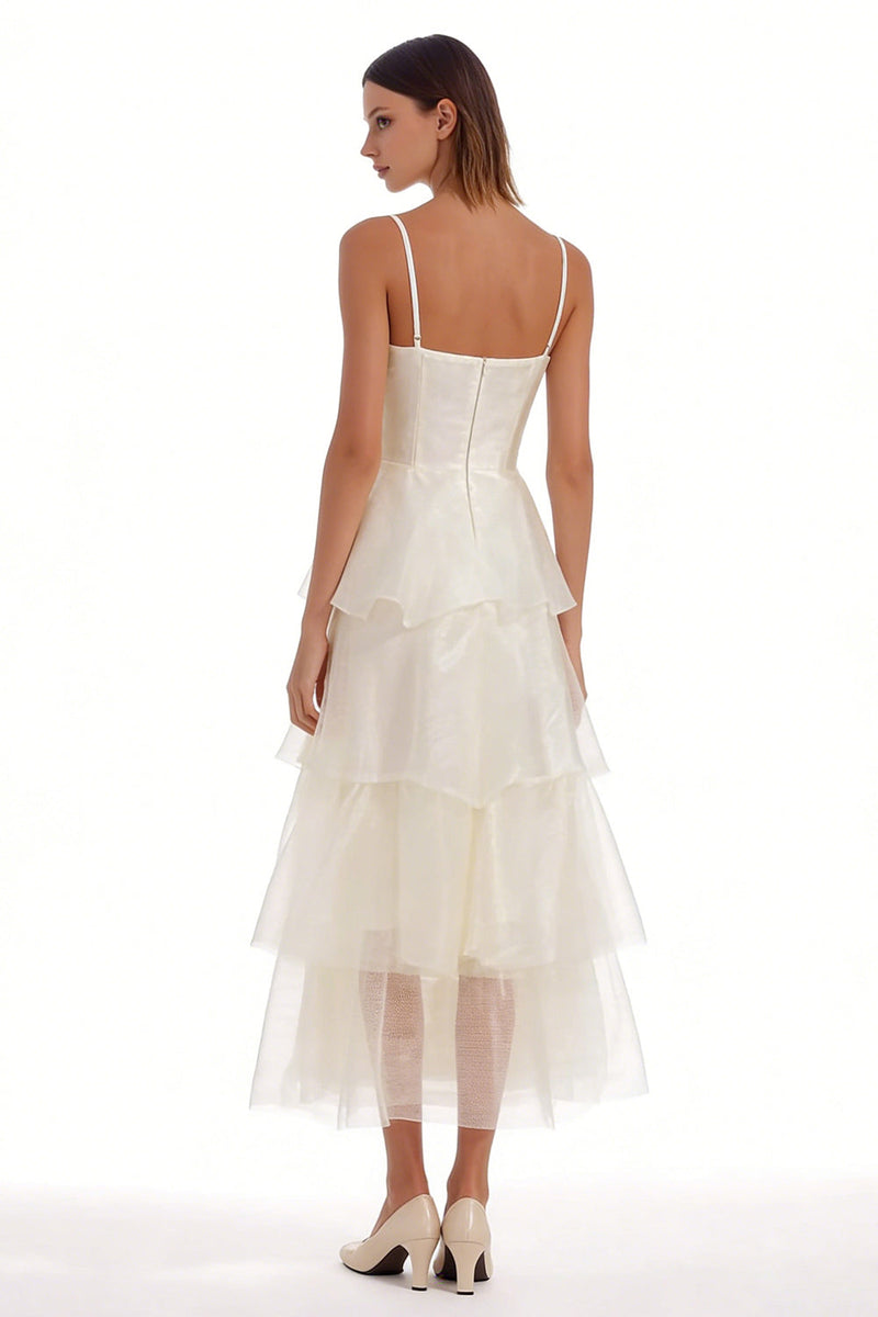 Load image into Gallery viewer, Organza Ivory Spaghetti Straps Ruffled Long Engagement Dress