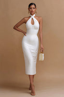 Load image into Gallery viewer, White Bodycon Cross V Neck Midi Engagement Dress with Keyhole