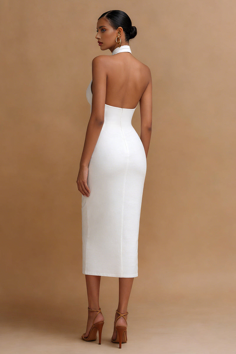 Load image into Gallery viewer, White Bodycon Cross V Neck Midi Engagement Dress with Keyhole