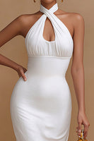Load image into Gallery viewer, White Bodycon Cross V Neck Midi Engagement Dress with Keyhole