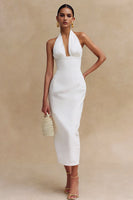 Load image into Gallery viewer, White Bodycon Halter Neck Satin Midi Engagement Dress