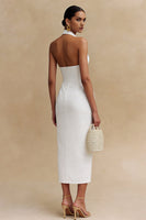 Load image into Gallery viewer, White Bodycon Halter Neck Satin Midi Engagement Dress